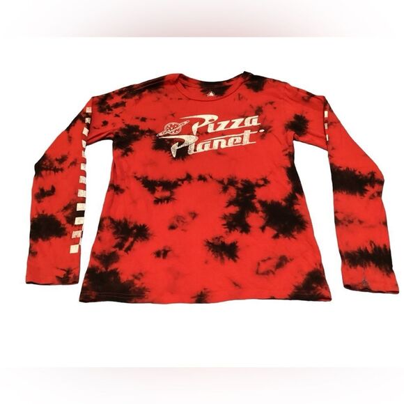 Pizza Planet Tie-Dye Long‎ Sleeve T-Shirt Red Black Retro Graphic Tee - Picture 1 of 8